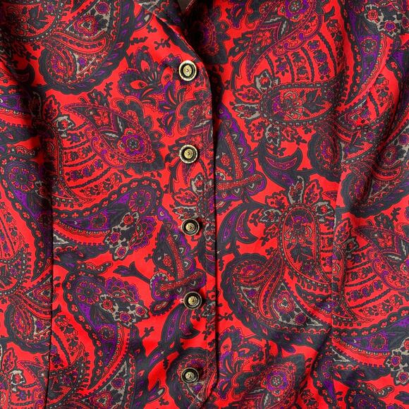 Vintage Blair Red Paisley Button Up Blouse Long Sleeve V-Neck Size 12P - Picture 5 of 15
